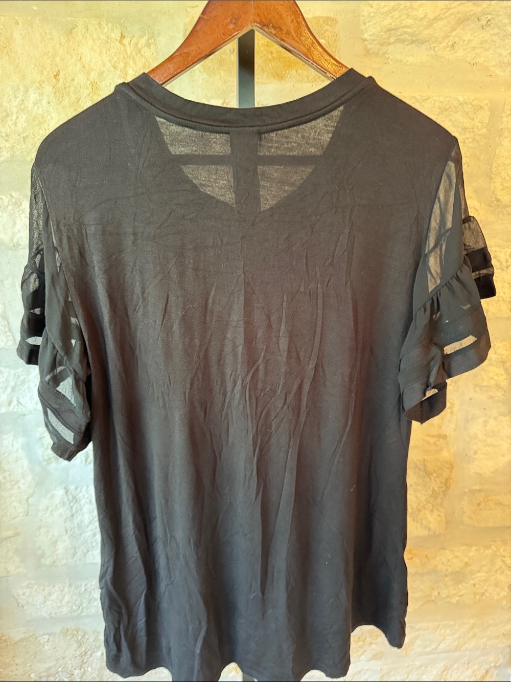 Time and Tru Black Short Sleeve Tee with Sheer Ruffle Sleeves - Picture 2 of 5